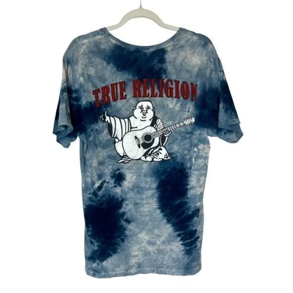 True Religion Men’s Ocean Waves Blue Tie Dye Buddha Tee Shirt Horseshoe Small